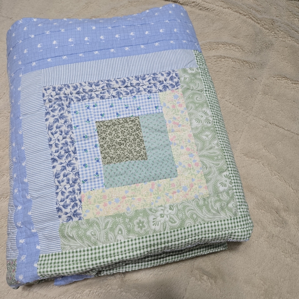 Vintage Log Cabin Lap Quilt stripe logcabin block squares blue green crib quilt - Picture 11 of 14